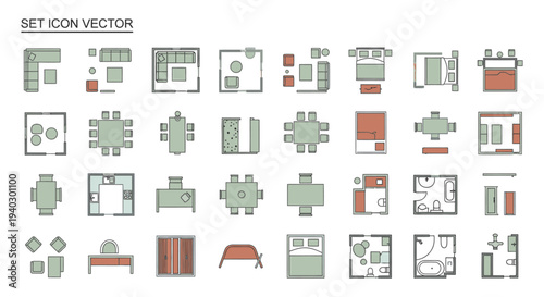 a set of vector icons depicting various home furniture layouts and room plans essential for interior design and architectural projects.