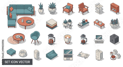 a versatile set of isometric vector icons featuring modern home furniture and decor ideal for contemporary interior design projects.