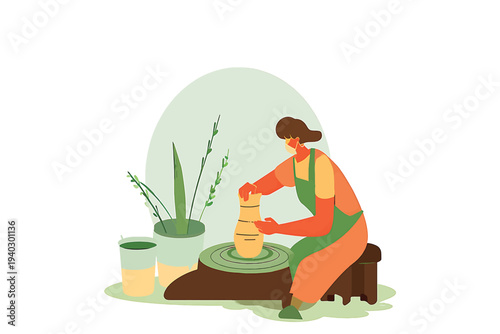 Woman making pottery on a wheel, surrounded by plants and supplies, illustrating a creative hobby and artisanal craft