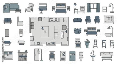 architectural floor plan and home furniture elements in flat design ideal for interior layout and house concept projects.