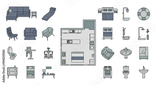flat design top view furniture icons collection and apartment floor plan for interior home layout projects