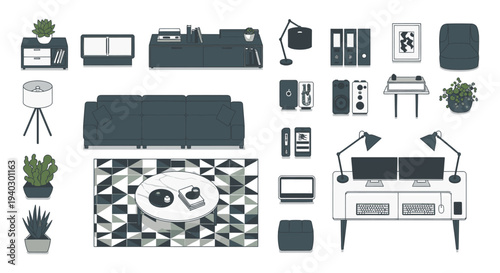flat design vector illustration set of modern home and office furniture and decor essentials perfect for interior design concepts