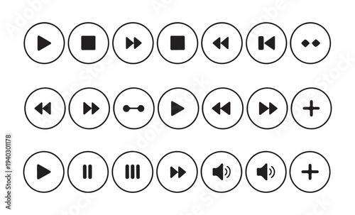 Grid of circular multimedia playback icons including stop play rewind fast forward and volume control symbols