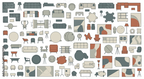 flat lay of modern interior design elements and furniture ideal for home decor projects and layout planning