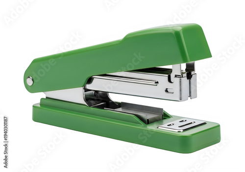 A green stapler with metal parts on a white background isolated on transparent background