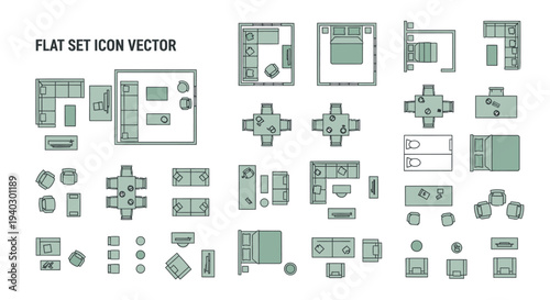 flat set icon vector illustrating top view furniture and room layouts for architectural floor plans and interior design