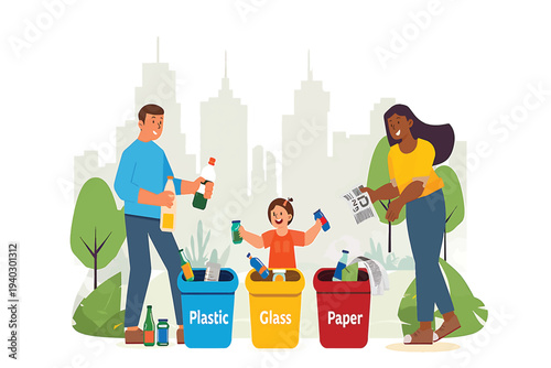 Family actively engaged in waste sorting and recycling for environmental conservation and a sustainable future