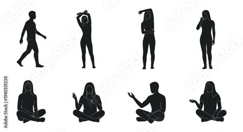 diverse black silhouettes of people walking stretching sitting and gesturing depicting various human activities and body language on white.