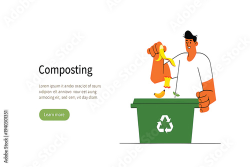 Illustration of a Person Composting Organic Food Scraps in a Green Bin, Promoting Eco-Friendly Waste Management and Sustainable Living