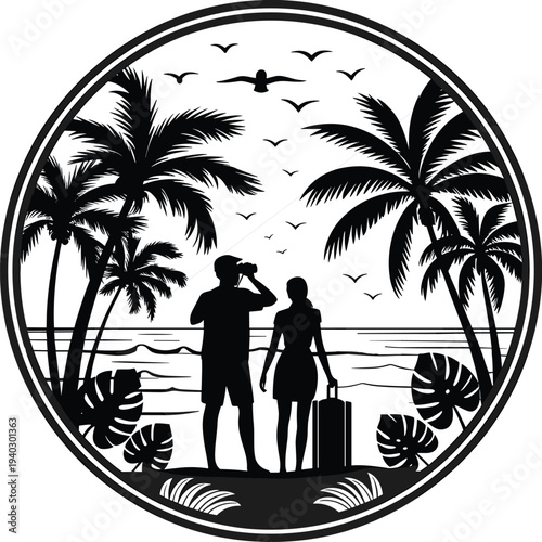 Tropical beach travel badge silhouette of couple with suitcase under palm trees watching ocean birds sunset vacation tourism adventure emblem design illustration logo