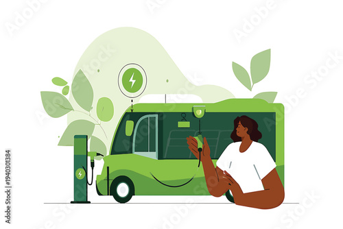 Electric vehicle charging station with woman using mobile phone