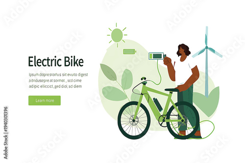 Person charging an electric bicycle with a portable charger next to a wind turbine and plants