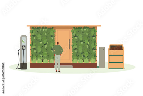 Modern Eco-Friendly Urban Dwelling Featuring Vertical Garden, Electric Vehicle Charging, and Smart Waste Management for Sustainable Lifestyle