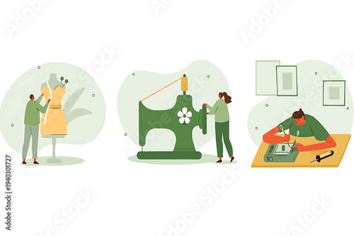 Creative people engaged in various crafts, including sewing and electronics