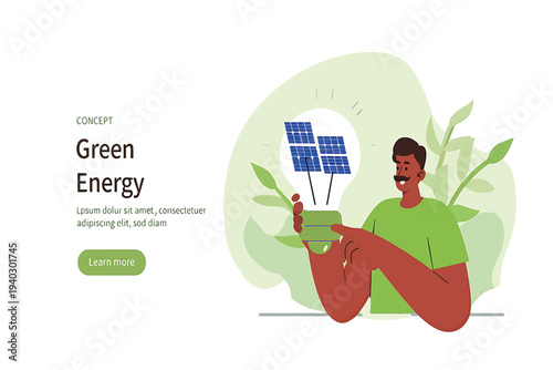 Man holding light bulb with solar panels, symbolizing sustainable energy and eco-friendly solutions for a brighter future