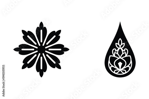 Drawings of iconic cultural elements Vector. Single black ornamental starburst flower and paisley droplet design.