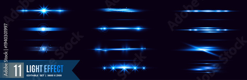 Electric Blue Cinematic Lens Flare and Horizontal Light Streak Effects Set, Futuristic Dark Space Background Vector Design.