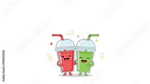 Refreshing duo of happy anthropomorphic red and green smoothie cups with straws posing together for a healthy lifestyle illustration.