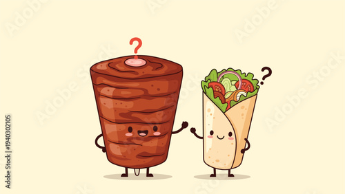 Curious street food duo of a large doner kebab meat spit and a fresh wrap character looking at each other with question marks above them.