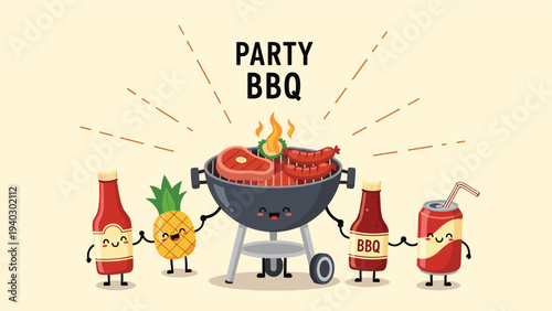 Festive BBQ party scene featuring a happy charcoal grill character holding hands with a pineapple ketchup bottle BBQ sauce and a soda can.