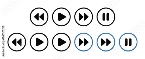 Rewind play fast forward and pause media player control icon set with black and blue circle border collection