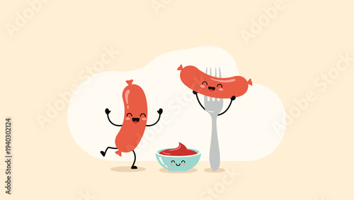 Joyful cartoon sausages enjoy a party with a small bowl of ketchup and a silver fork in this whimsical food character vector illustration.