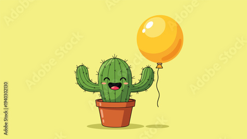 Happy cactus character in a terracotta pot holds a yellow balloon against a bright yellow background in this cute desert themed illustration.