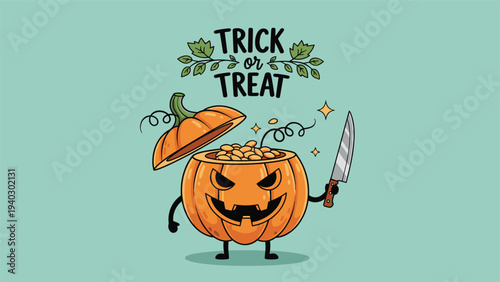 Spooky pumpkin character holding a knife and filled with seeds celebrates Halloween with trick or treat text in this festive vector art.