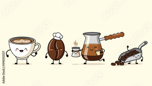 Cute coffee bean wearing chef hat dances with cezve and white cup in this happy breakfast themed vector illustration on a cream background.