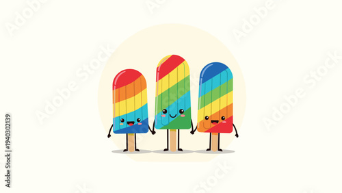 Three colorful rainbow popsicles with happy faces hold hands together in a bright circle in this cheerful frozen treat vector illustration.