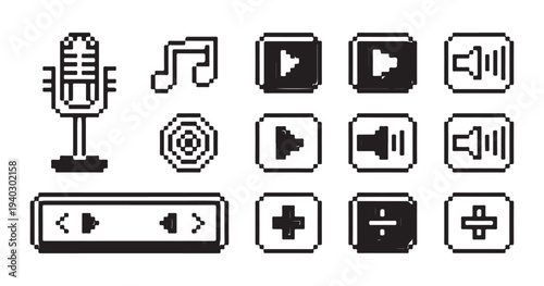 Monochrome pixel art icons for media playback recording and audio controls