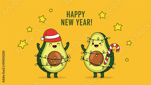 Two adorable avocado characters decorated with Christmas lights and a Santa hat celebrate the New Year in this festive food illustration.