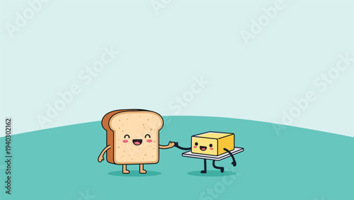 Happy slice of bread and a small cube of butter give each other a high five in this cute breakfast food themed cartoon vector illustration.
