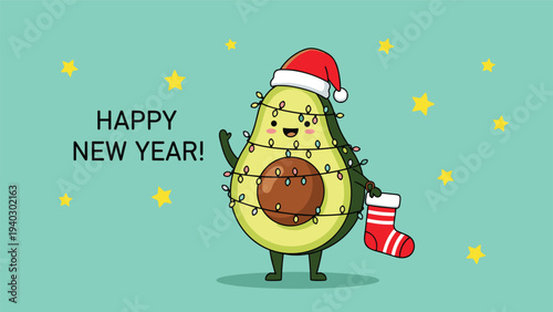 Cute avocado character wrapped in colorful Christmas lights holds a red stocking to celebrate the Happy New Year in this holiday illustration.