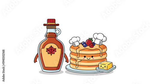 Stack of happy pancakes with fruit toppings and a chef hat stands next to a bottle of maple syrup and a butter pat in this vector art.
