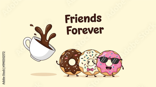 Three happy donuts with different frosting stand together as a splashing cup of coffee flies above them in this friends forever theme.