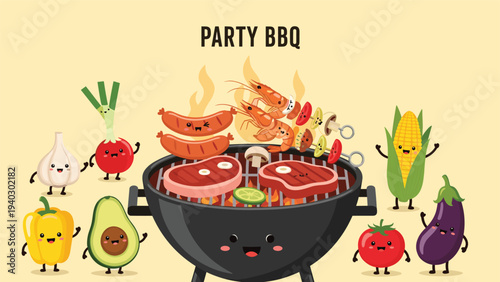 Various happy food characters like corn, tomato, and steak gather around a smiling barbecue grill for a fun outdoor party themed design.
