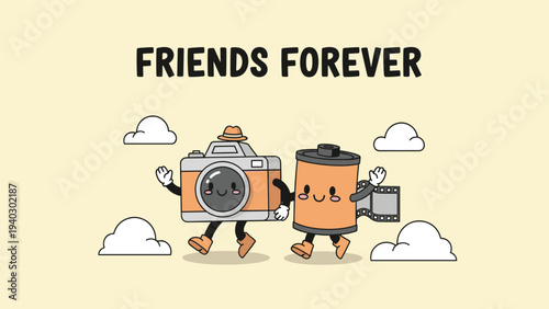 Vintage camera and film roll characters hold hands and walk together among white clouds in this cute friends forever themed illustration.