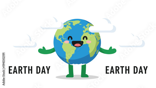 Smiling Earth character with green arms and legs stands among fluffy white clouds to celebrate Earth Day in this environmental illustration.