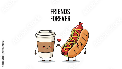 Coffee cup character and a happy hot dog with mustard hold hands under a small red heart in this whimsical friends forever vector design.
