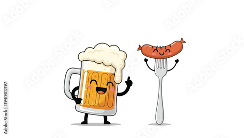 Happy beer mug with a large foam head gives a thumbs up next to a smiling sausage on a silver fork in this fun food themed illustration.