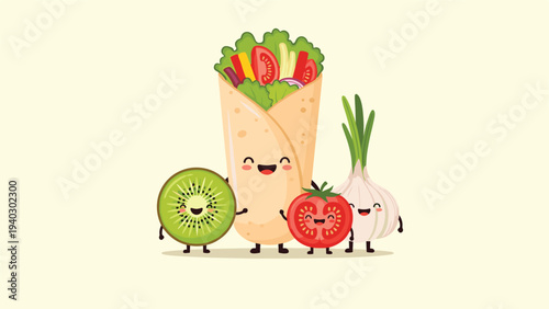 Group of healthy and cute food characters including a burrito kiwi tomato and garlic smile together as friends.