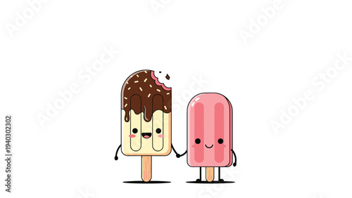 Pair of delightful ice cream popsicles in chocolate and pink flavors hold hands as a sign of sweet friendship.