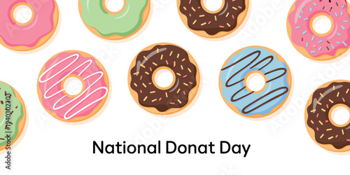 Colorful donuts with different toppings and frostings on white background  National Donat Day