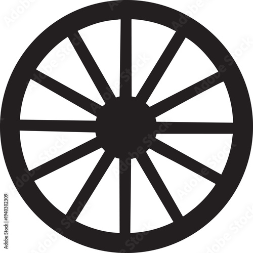 Black silhouette of cartwheel on white background, traditional wooden wagon wheel, old west history