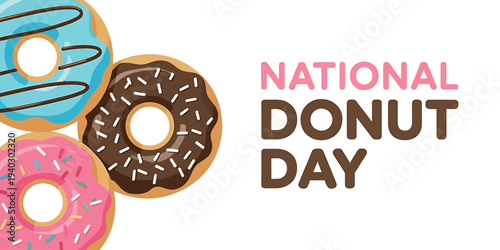 National Donut Day colorful donuts with pink chocolate and blue frosting and sprinkles