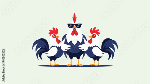 Trio of stylish roosters with the center bird wearing dark sunglasses stand together in a cool and confident pose.