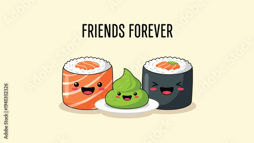 Two pieces of salmon sushi and a green wasabi dollop smile together as best friends on a warm cream background.