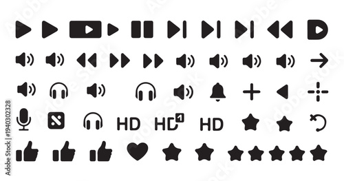 Large collection of multimedia interface icons including volume play speaker headphones stars and thumbs up