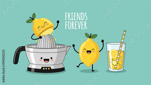 Cheerful citrus juicer helps a lemon character make a glass of fresh lemonade with a fun and friendly vibe.